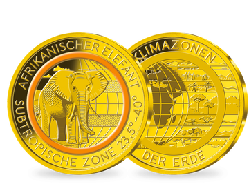 Die Gold-Gedenkprägung „Afrikanischer Elefant – subtropische Zone“ mit orangefarbenem Farbring